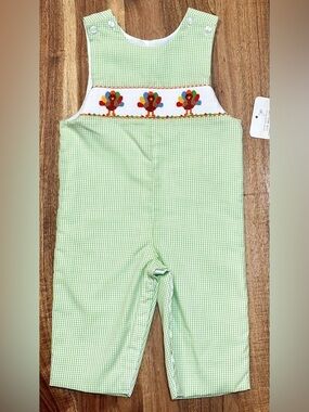 Petit Bebe Turkey Trio Hand Smocked Green Gingham Boys Longall size 12m NWT